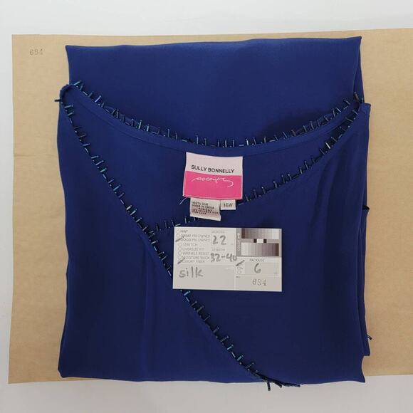 Sully Bonnelly Blue Silk Tunic 16W Asymmetric Long Fancy Beaded Hem 684 - Picture 11 of 12